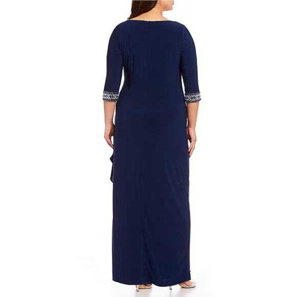 ALEX EVENINGS Round Embellished Cuff Gown Size 18 Navy Blue Keyhole Neck Ruched - Picture 3 of 13